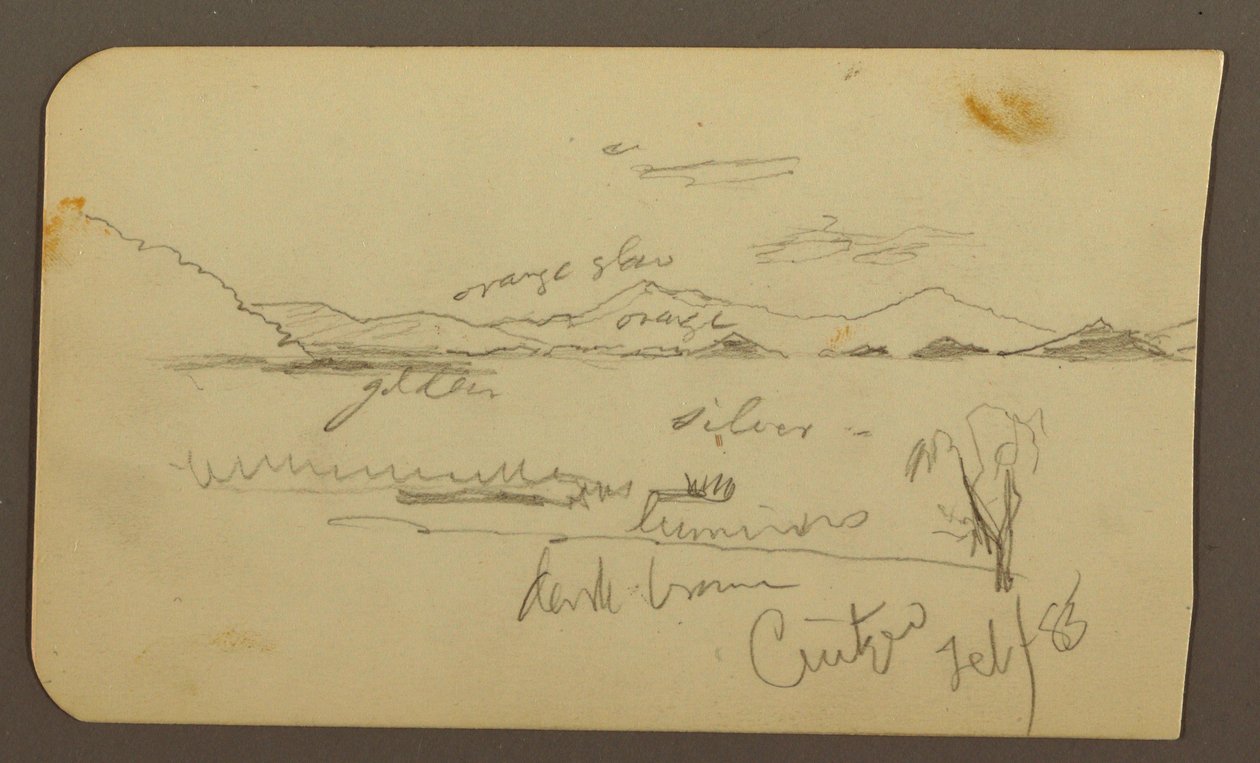 Kresba, Pohled poblíž břehu jezera, Cuitzeo; Verso: pohled poblíž břehu jezera, Cuitzeo, únor 1885 od Frederic Edwin Church