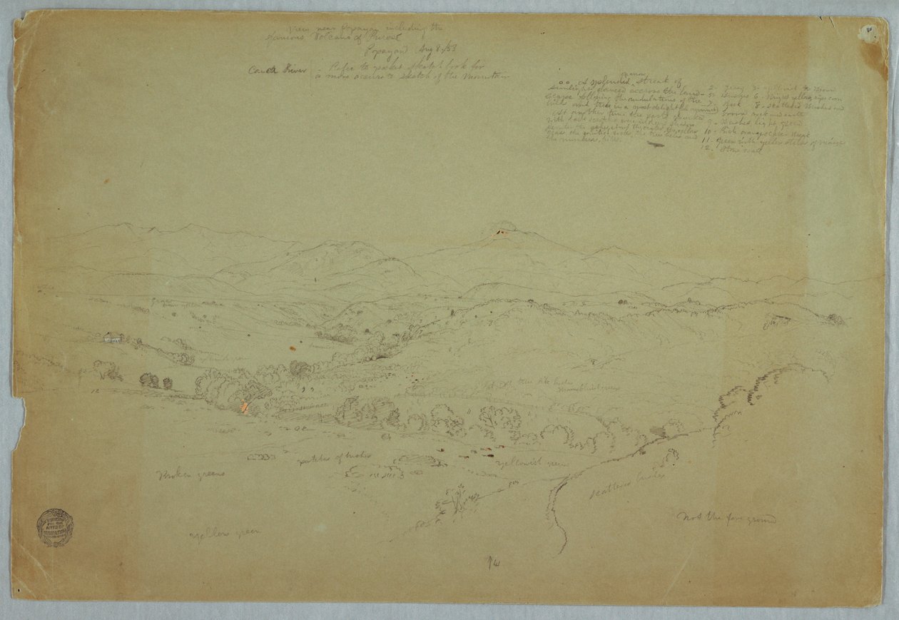 Kresba, Pohled na Popayan včetně sopky Mount Purese, řeka Cauca, Kolumbie, 8. srpna 1853 od Frederic Edwin Church