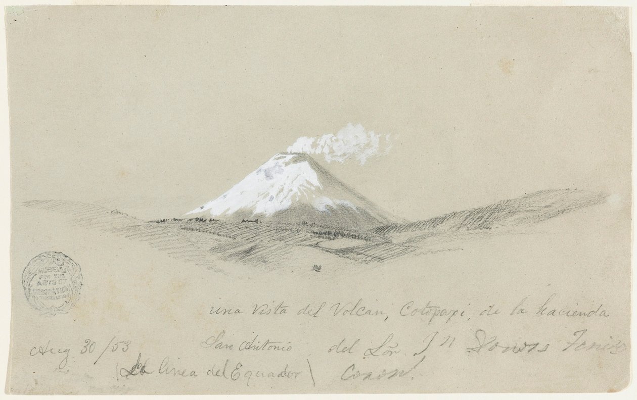 Kresba, Pohled na Cotapaxi z haciendy San Antonio, Ekvádor, 30. srpna 1853 od Frederic Edwin Church
