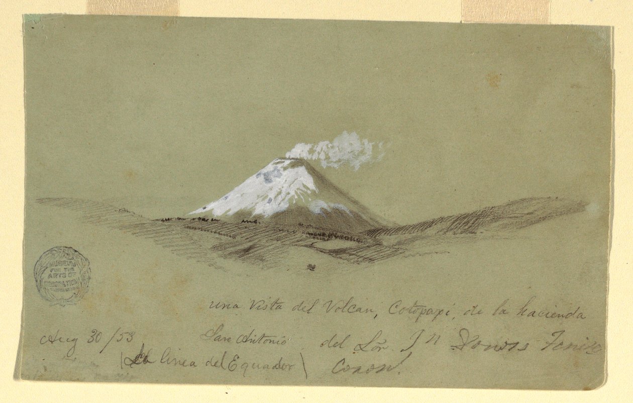 Kresba, Pohled na Cotapaxi z haciendy San Antonio, Ekvádor, 30. srpna 1853 od Frederic Edwin Church