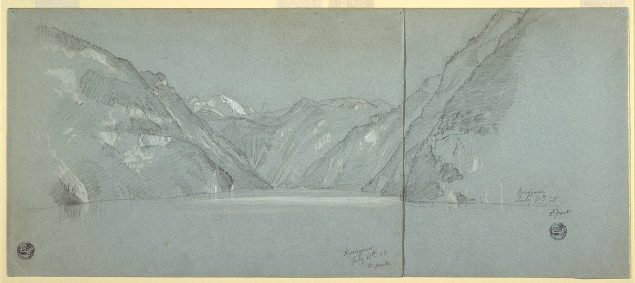 Kresba, Pohled na jezero Konigssee s Falkensteinem u Berchtesgadenu, Bavorsko, Německo, 2. část, 11. července 1868 od Frederic Edwin Church