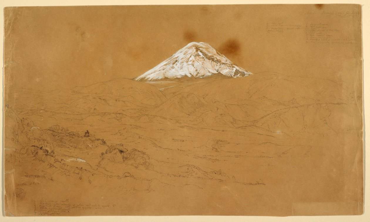 Kresba, Pohled na zasněženou horu Chimborazo nakreslenou poblíž Guanojo a Guaranda, Ekvádor, 12. června 1857 od Frederic Edwin Church