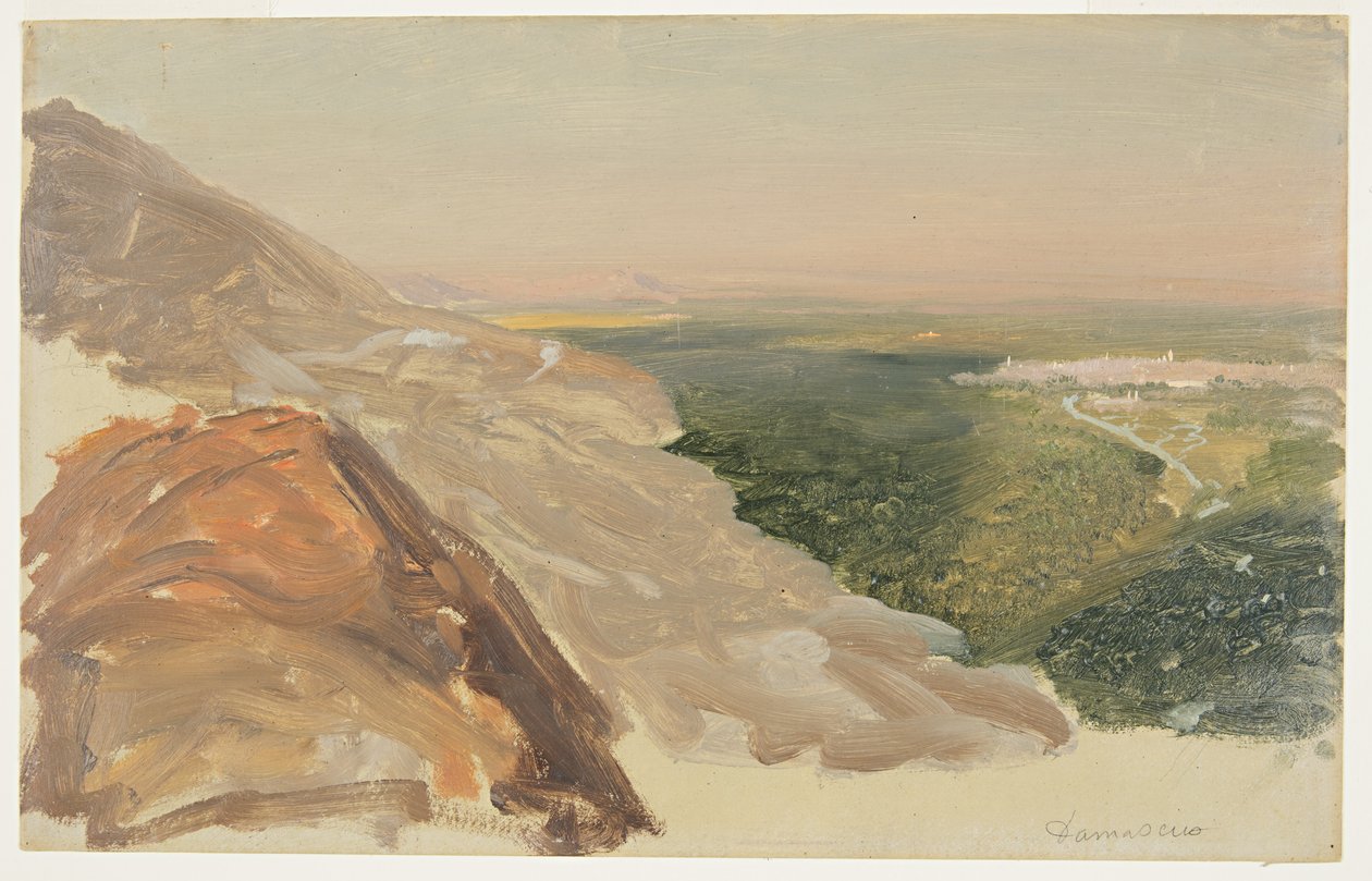 Kresba, Pohled na planinu s Damaškem v Sýrii z hor, květen 1868 od Frederic Edwin Church