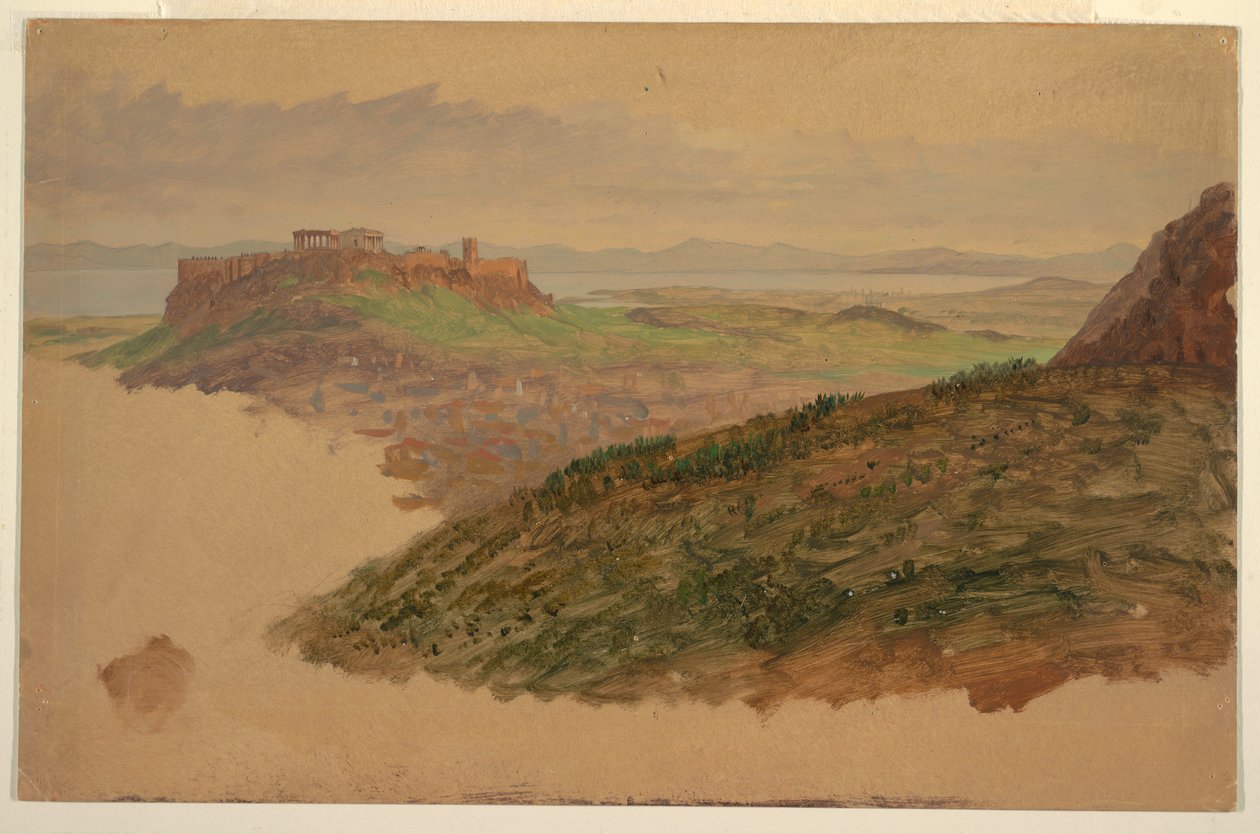Kresba, Pohled na Akropoli z hory Lycabettus, Athény, duben 1869 od Frederic Edwin Church