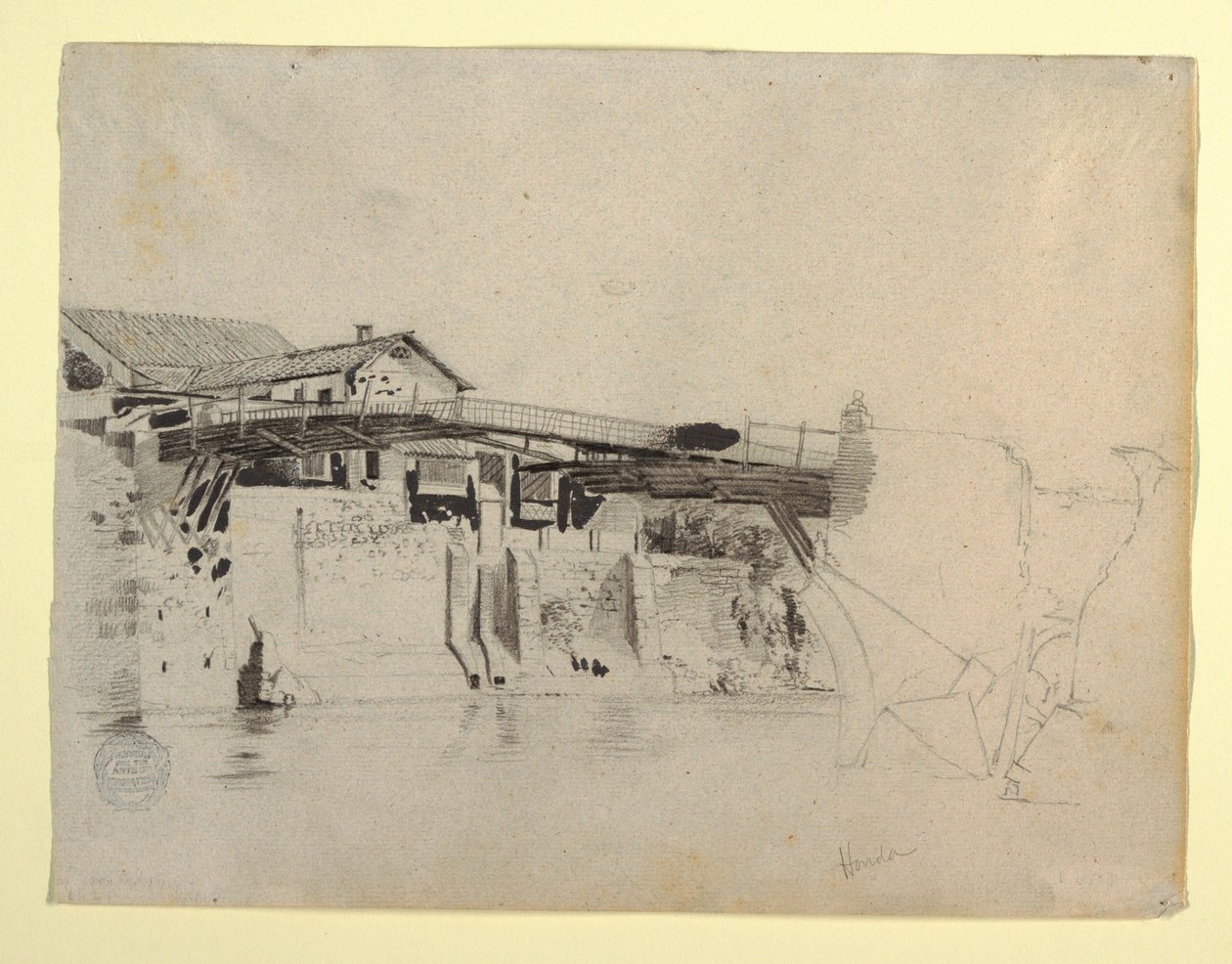Kresba, Pohled na most a domy v Hondě, Kolumbie, 1853 od Frederic Edwin Church