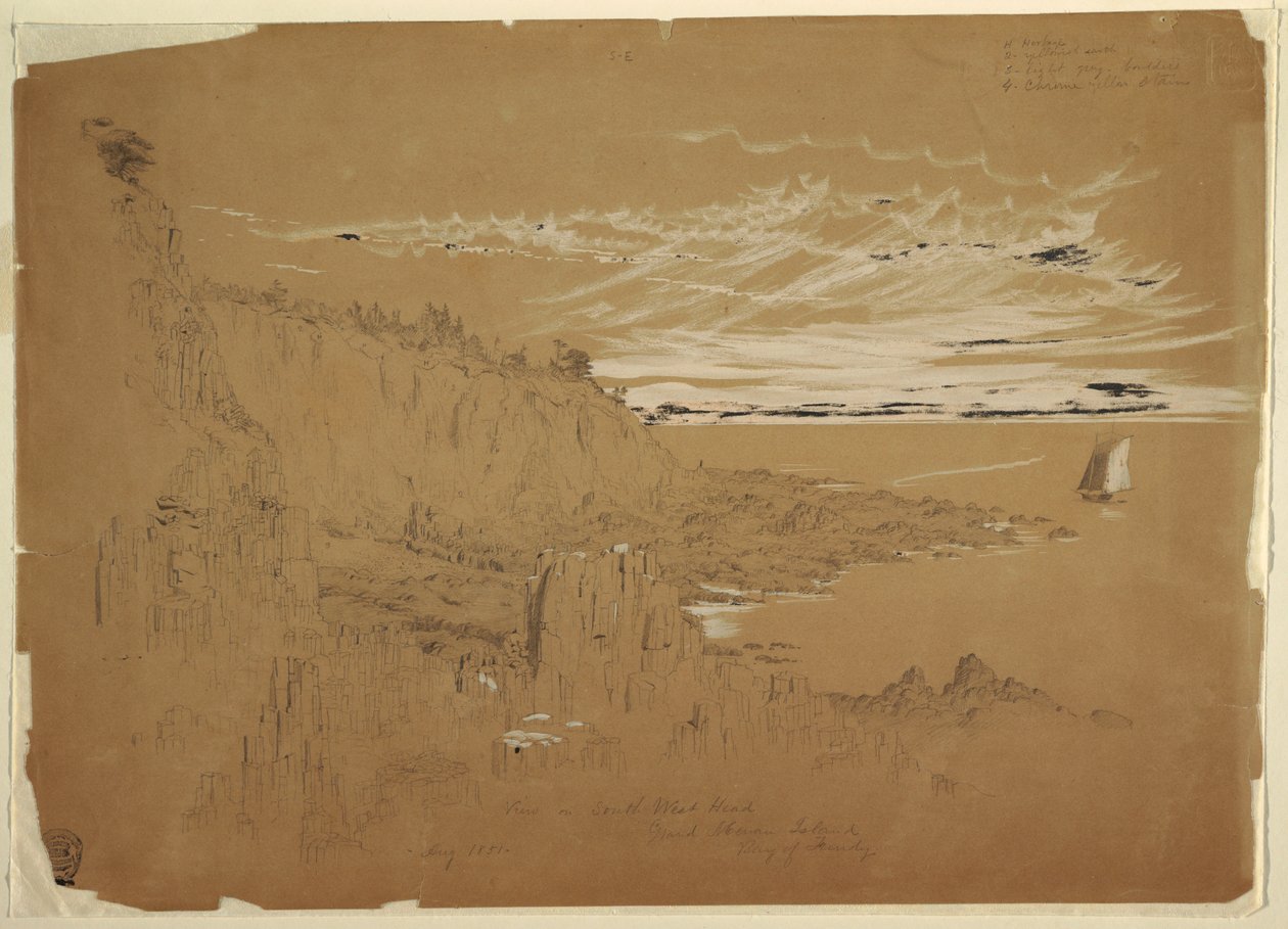 Kresba "Pohled na jihozápadní mys, ostrov Grand Manan, záliv Fundy, Kanada", srpen 1851 od Frederic Edwin Church