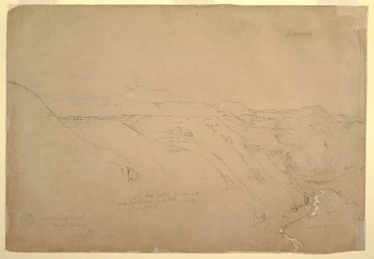 Kresba, Sopka Puresé a Rio de Vinagre, Purese, Kolumbie, srpen 1853 od Frederic Edwin Church