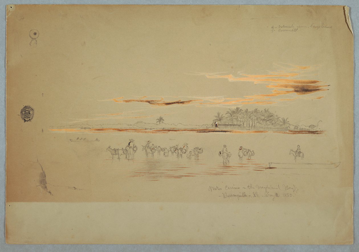 Kresba, Převozníci vody na Magdalenině zátoce, Barranquilla, Republika Nueva Grenada, nyní Kolumbie, 2. května 1853 od Frederic Edwin Church