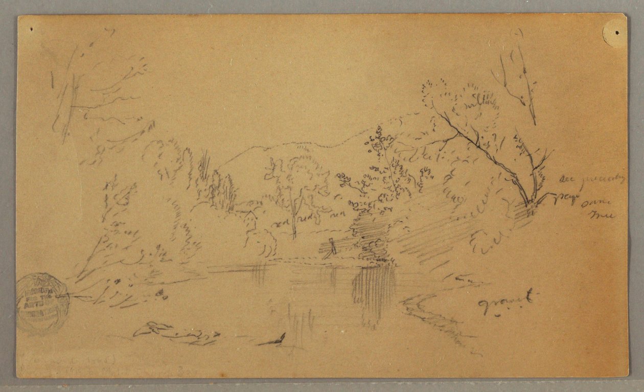 Kresba, Klikatá řeka v zalesněném údolí, Vermont, říjen 1865 od Frederic Edwin Church