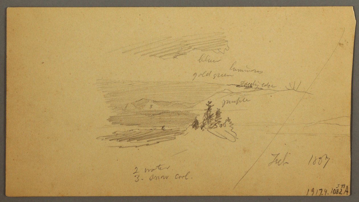 Kresba, zalesněný vrchol kopce, kopcovité údolí, slunce, leden 1866 od Frederic Edwin Church