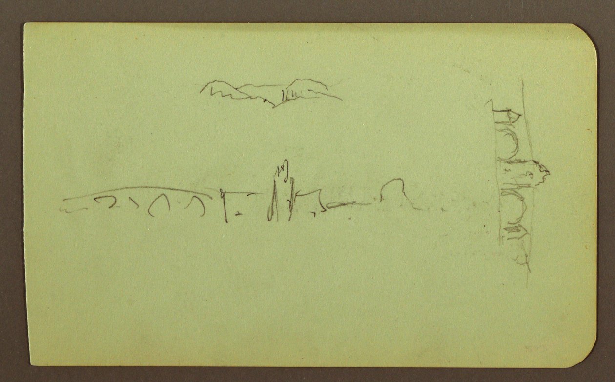 Kresba, kopce, kostel, most; Verso: postava, kříž, kostel, 1883 od Frederic Edwin Church