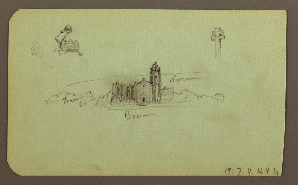 Kresba, kopce, kostel, most; Verso: postava, kříž, kostel, 1883 od Frederic Edwin Church