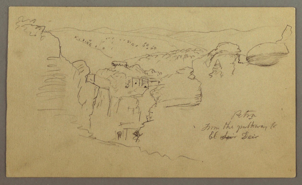 Skica. Pohled na Khirbet en Wasara "Petra / z části do / El Deir" od Frederic Edwin Church