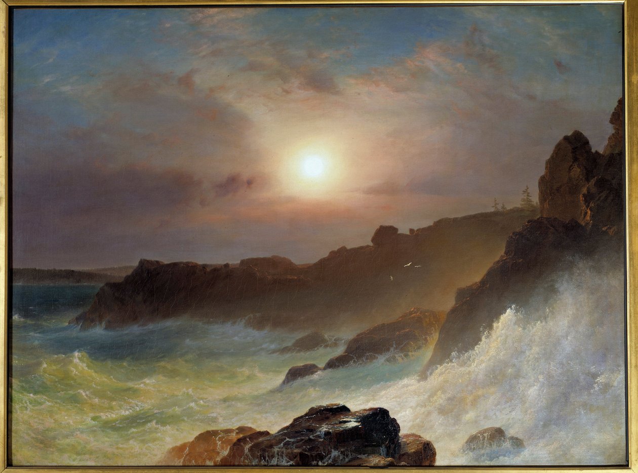 Východ slunce na pobřeží Maine ve Spojených státech v roce 1863. Obraz od Frederic Church (1826-1900) Ec. Hořký. od Frederic Edwin Church