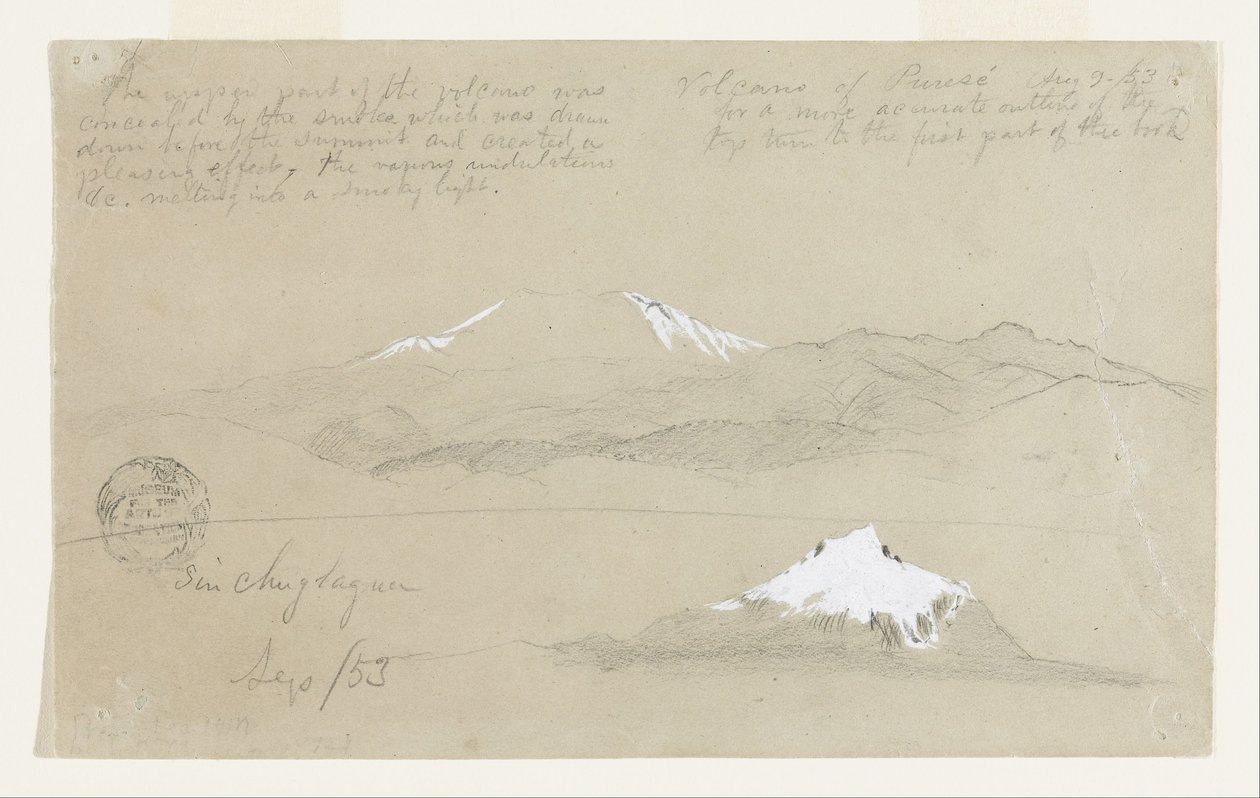 Pohledy na sopku Puresé, Kolumbii a horu Sincholagua, Ekvádor od Frederic Edwin Church