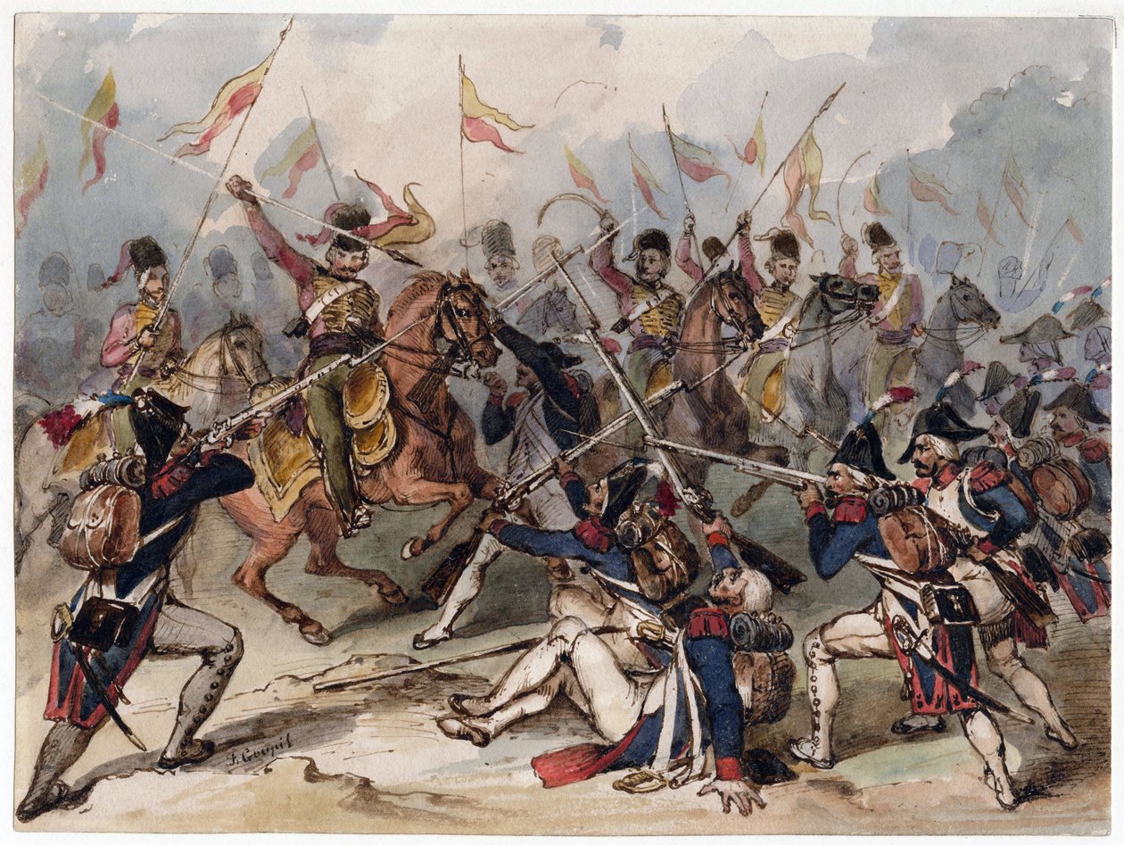 Francouzská pěchota a ruští husaři v boji u Slavkova - Francouzská pěchota a ruští husaři v boji u Slavkova - Goupil-Fesquet, Frederic (1817-1878) - Akvarel na papíře - 21,2x28,6 - Soukromá sbírka od Frédéric Goupil Fesquet