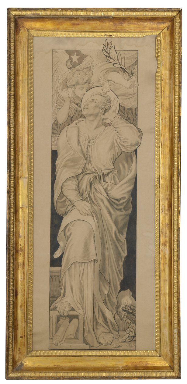 St Matthew: Design pro okno z barevného skla (tužka a šedá barva na lesklém papíře) od Frederic James Shields