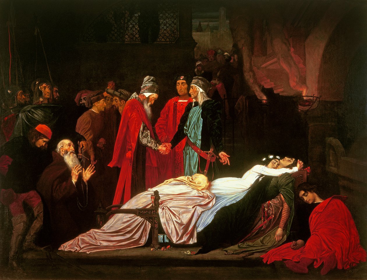 Smíření Montagueů a Kapuletů nad mrtvými těly Romea a Julie od Frederic Leighton
