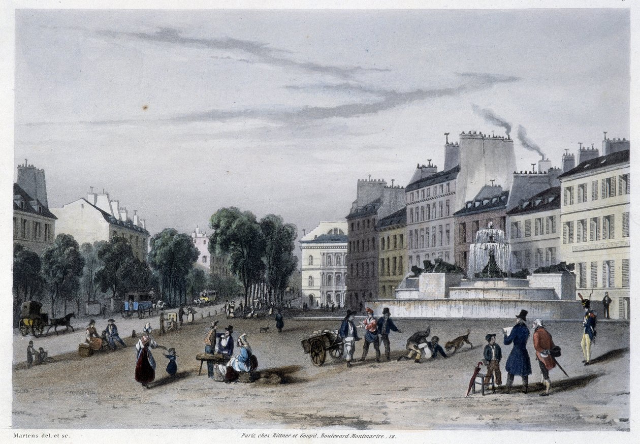 Vodárenská věž (Fontána), Bd St Martin - v „Paříži roku 1832““ od Martense od Frederic Martens