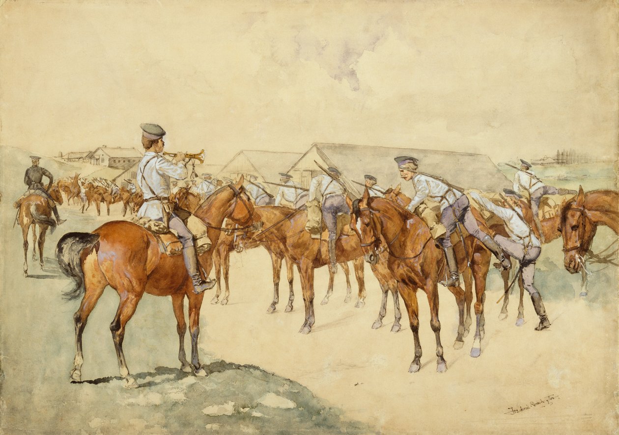 A Call to Arms (Dragoons, Mount!) 1892-93 (wc, kvaš, pero a inkoust, tužka a tělová barva na papíře) od Frederic Remington