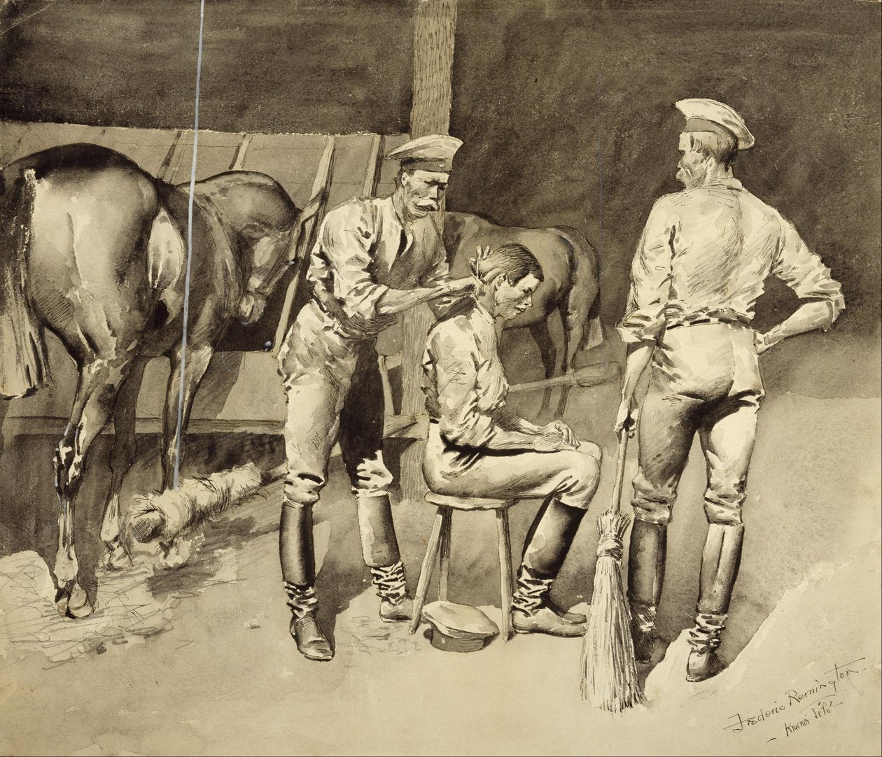 Stříhání ve stáji kavalerie od Frederic Remington