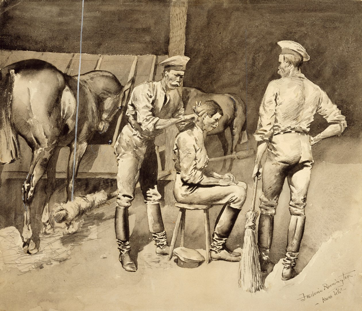 Účes v jízdní stáji, kolem roku 1893 (wc na papíře) od Frederic Remington