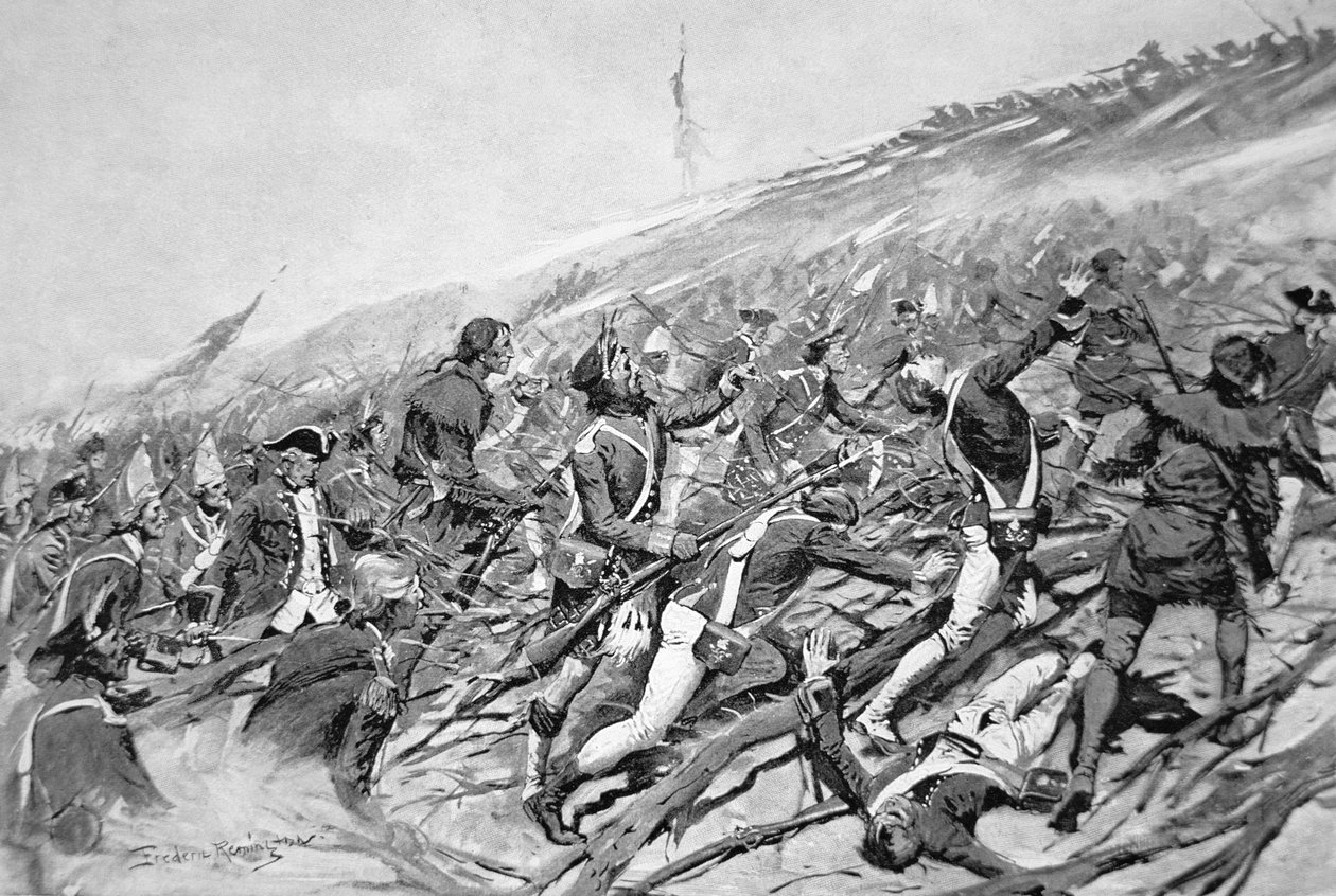 Britské síly se pokoušejí zaútočit na francouzskou pevnost Ticonderoga v roce 1758 (litho) od Frederic Remington