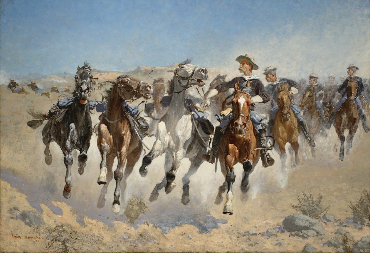 Sesedli: Čtvrtí vojáci hýbou ledovými koňmi, 1890 od Frederic Remington