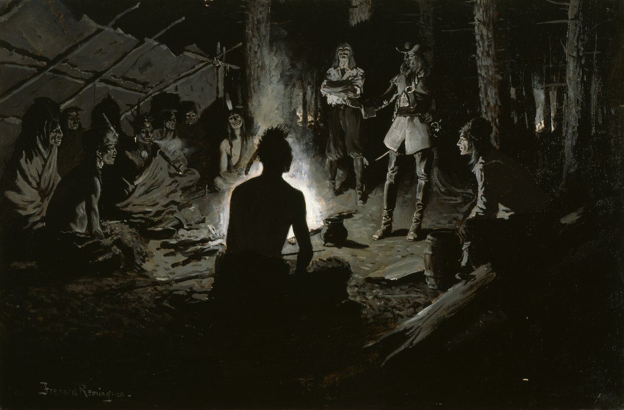 Francouzská rada průzkumníků s indiány (U požáru rady Irokézů) kolem roku 1901 od Frederic Remington