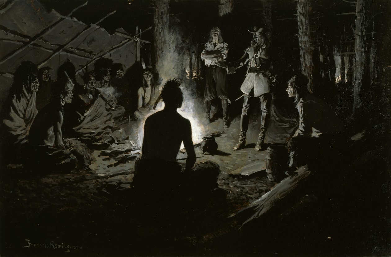 Rada francouzských průzkumníků s indiány od Frederic Remington