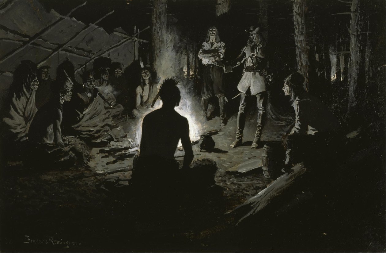 Rada francouzských průzkumníků s indiány od Frederic Remington
