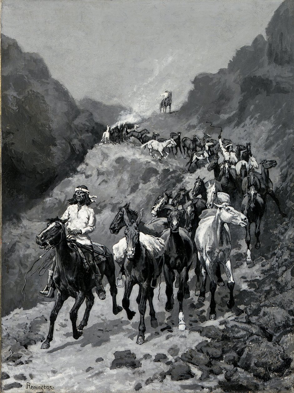 Geronimo a jeho kapela se vrací z nájezdu do Mexika (olej na plátně) od Frederic Remington