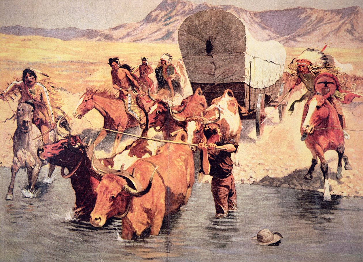 Indiáni útočící na průkopnický vagón (olej na plátně) od Frederic Remington