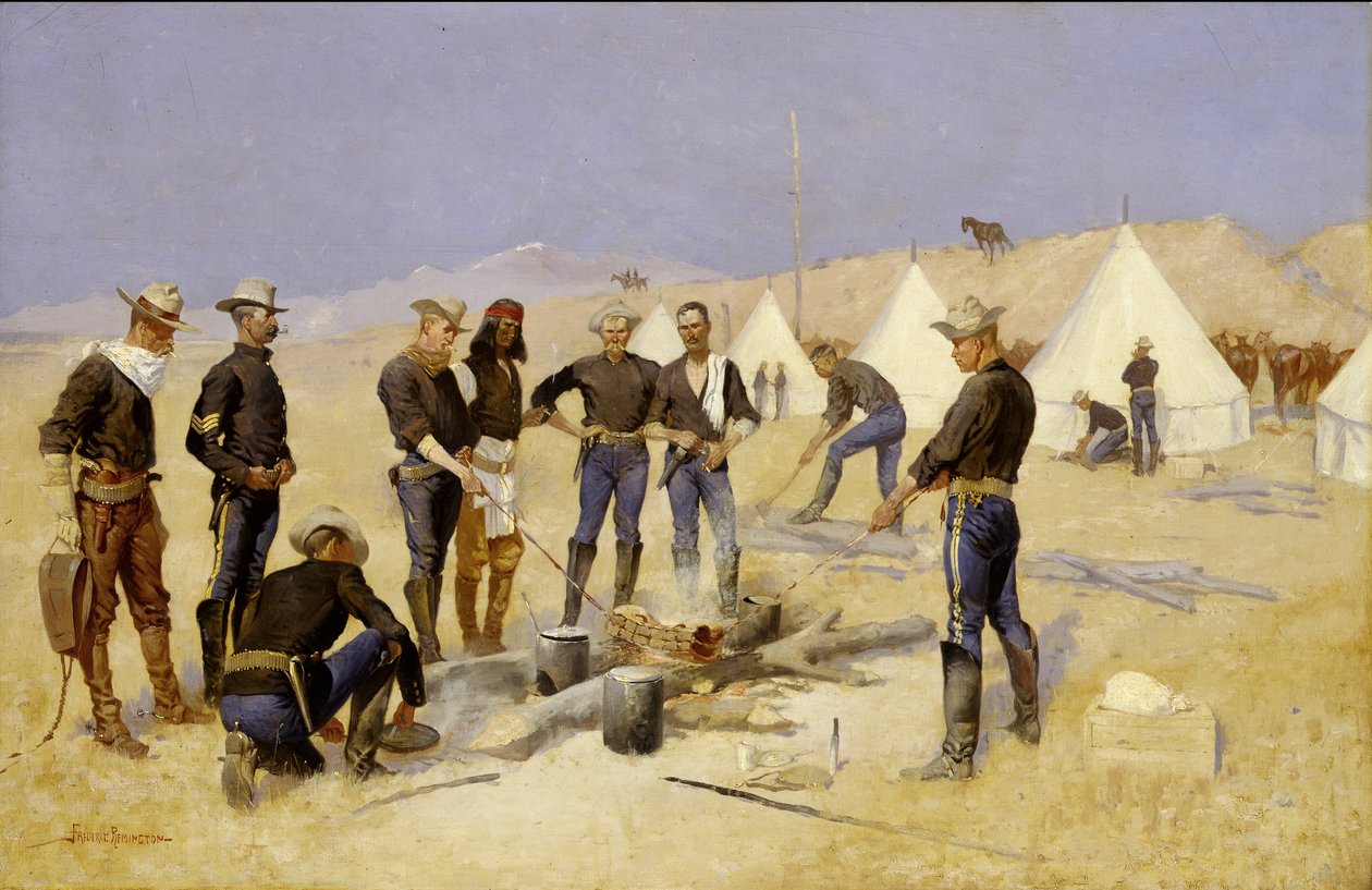 Pečení vánočního hovězího v jezdeckém táboře, kolem roku 1892 od Frederic Remington