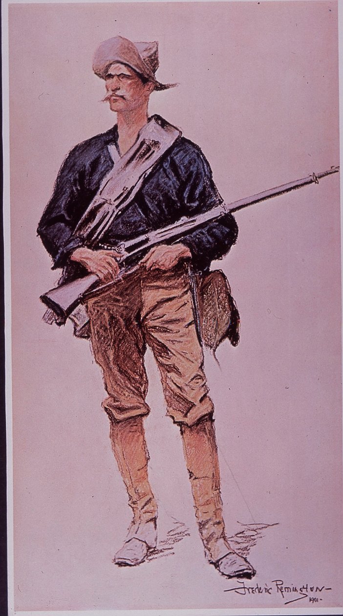 Španělsko-americká válka 1898, americký pěšák vyzbrojený puškou se zásobníkem Krag-Jorgensen od Frederic Remington