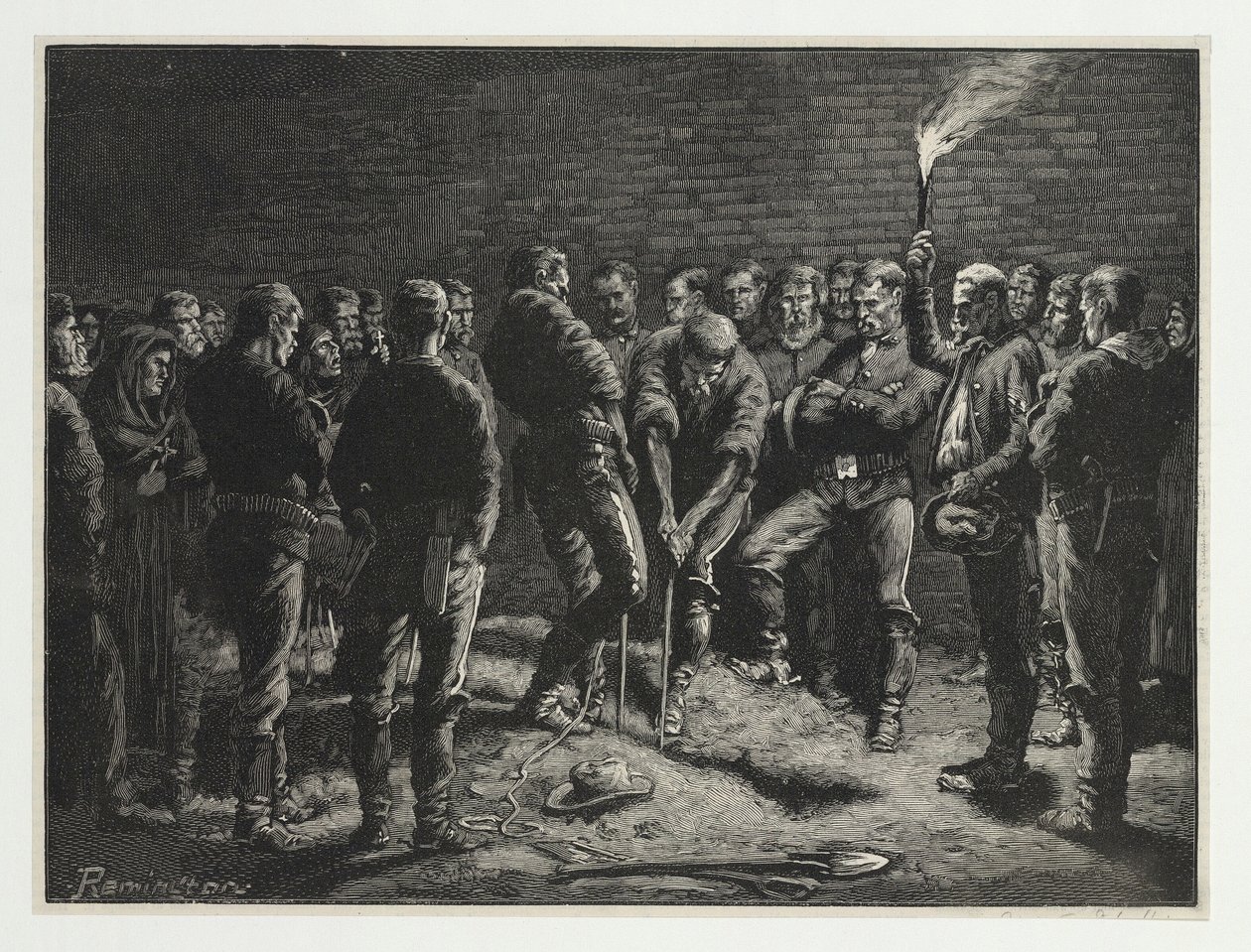 Kampaň Apache - pohřeb mužů z Hatfields, z Harpers Weekly, hospoda. 1886 od Frederic Remington