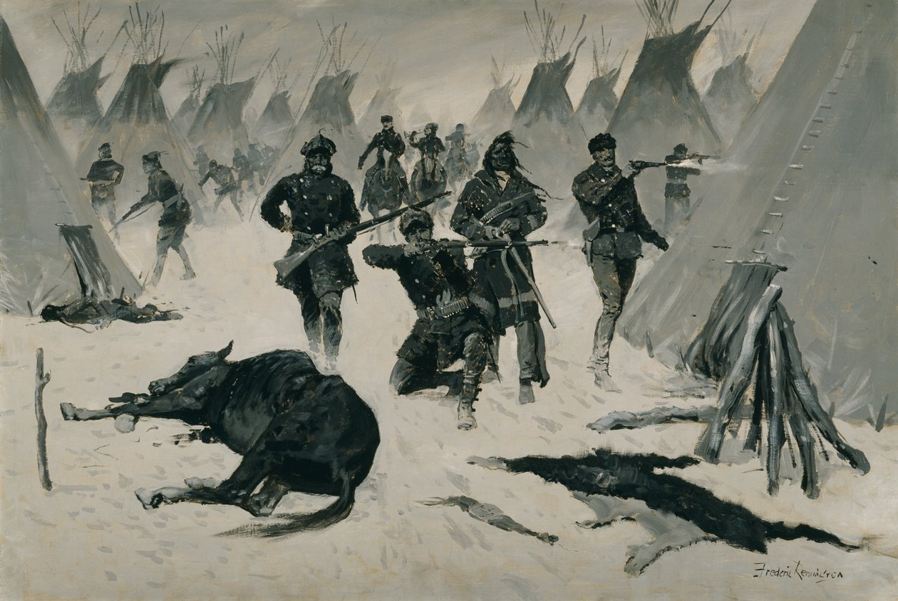 The Defeat of Crazy Horse (The Defeat of Crazy Horse od plukovníka Milese, leden 1877, Zimní útok na indiánskou vesnici) kolem roku 1901, možná kolem roku 1896 od Frederic Remington