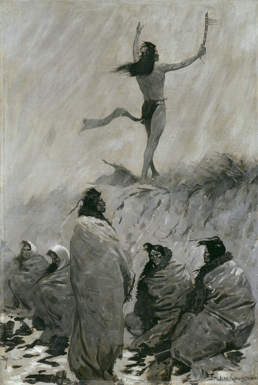 Požírač ohně zvedl ruce k Thunder Birdovi, kolem roku 1900 od Frederic Remington