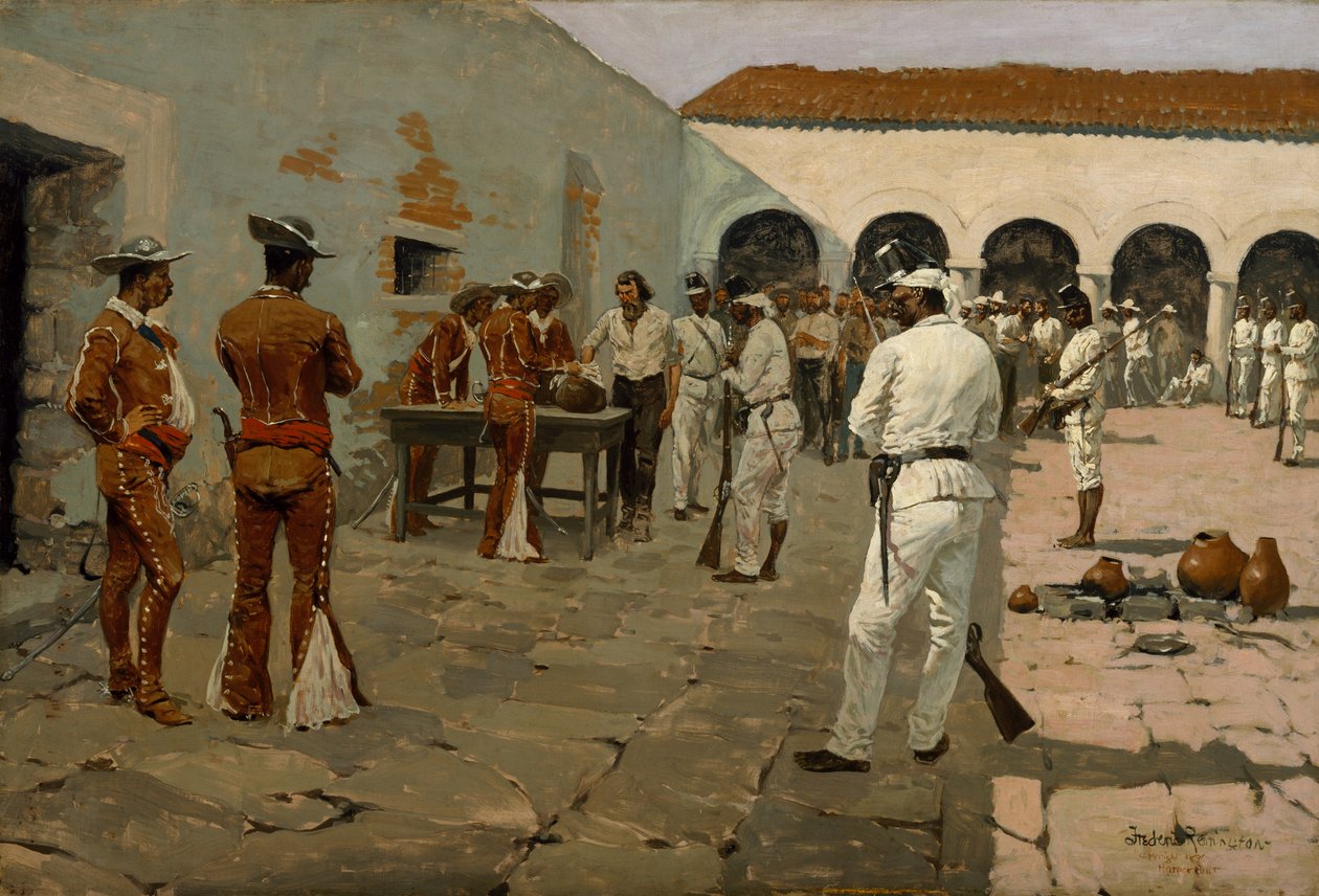 The Mier Expedition: The Drawing of the Black Bean (Vězni kreslí své fazole) 1869 (olej na plátně) od Frederic Remington