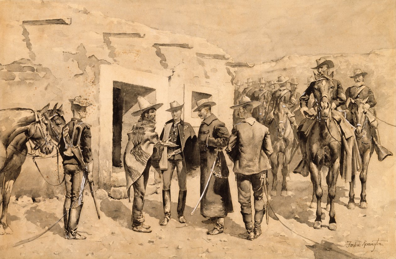 US Cavalry Hunting Garza Men na Rio Grande, kolem roku 1892 (wc na papíře) od Frederic Remington