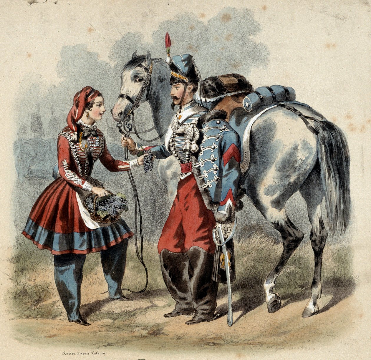 Francouzská armáda a její cantinieres: Hussard a cantiniere de troupe de line. Rytina Frederica Sorrieu (1807 -?) od Frederic Sorrieu