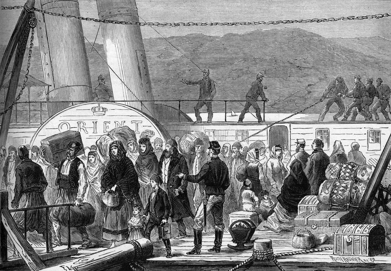 Východní válka (1875-1878), také známá jako rusko-turecká válka: Na Dunaji, vylodění uprchlých židovských rodin Rustchuck a Widdin v Baziarchu v květnu 1877 (rytina) od Frederic Theodore (after) Lix
