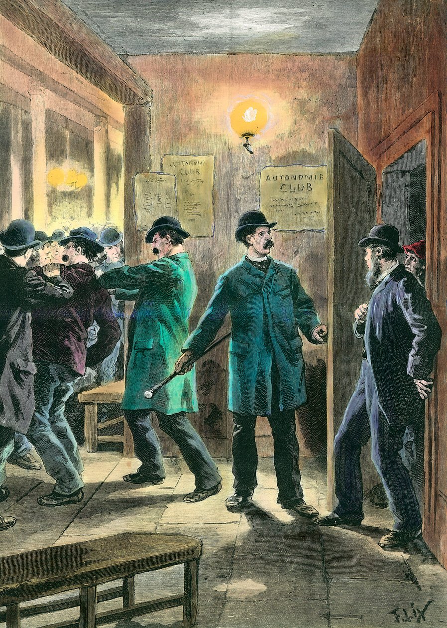 Anarchisté v Anglii: Policie zatýká v londýnském autonomistickém klubu Rytina Frederica Lixe (1830-1897) Soukromá sbírka z 19. století od Frederic Theodore Lix