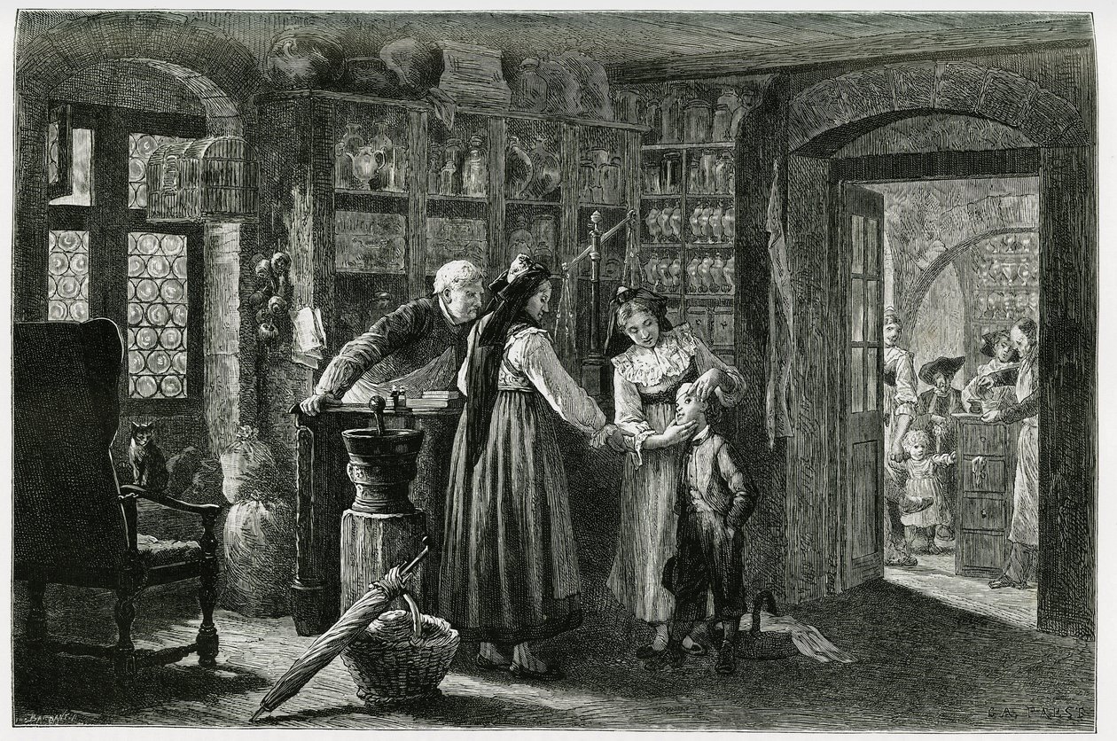 U lékárníka ve vesnici Kaysersberg (nebo Kaisersberg, Alsasko), pohotovostní konzultace. Rytina od F. Lixe k ilustraci příběhu „Alsasko a Lotrinsko“, v roce 1884, od Charlese Grada (1842-1890), německého zástupce, spisovatele a přírodovědce. Hospoda od Frederic Theodore Lix