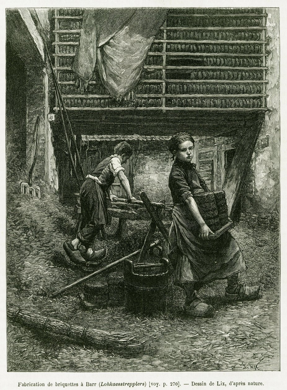 Dětská práce při briketování, Barr. Rytina od Lixe, k ilustraci příběhu A Through Alsace and Lorraine, v roce 1887, Charles Grad, německý zástupce, v tour du monde 1888, režie Edouard Charton (1807-1890), Hachette, Paříž. od Frederic Theodore Lix