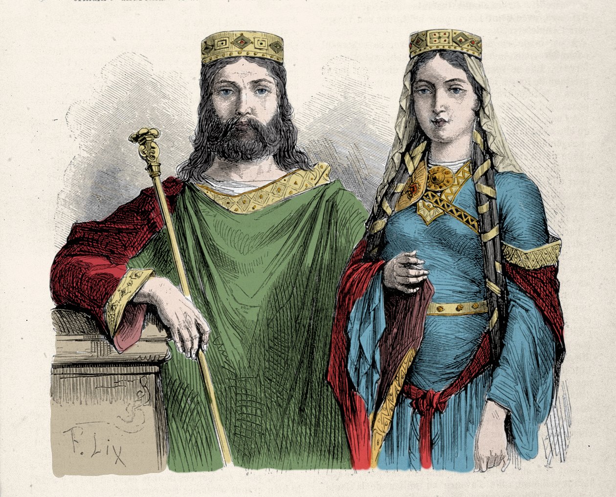 Clovis (481-511) král franků se svou druhou manželkou královnou Saint Clotilde (Clothilde). Gravírování od Lixe. od Frederic Theodore Lix
