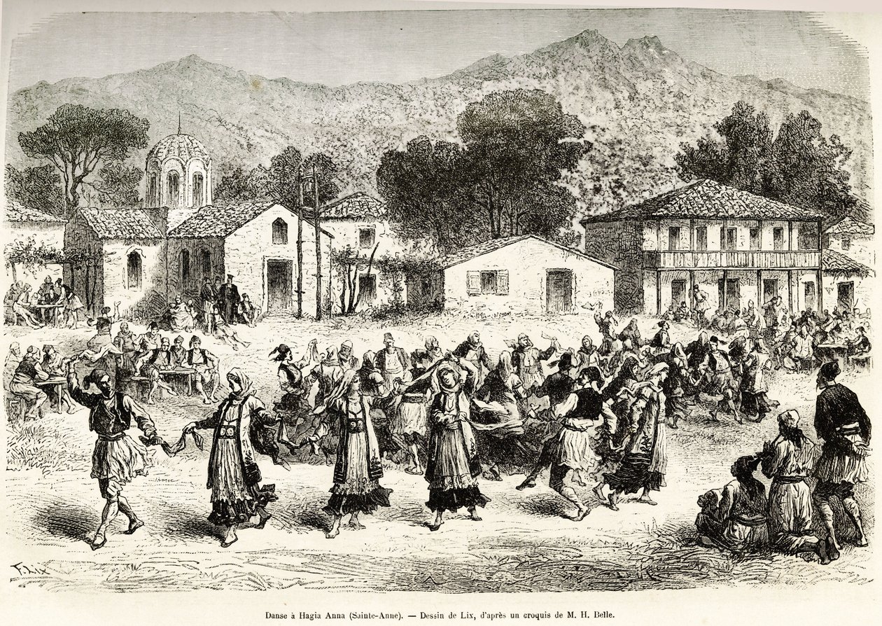 Lidový tanec na návsi Haggia Anna (sv. Anna). Rytina podle kresby Lixe, pro ilustraci plavby v Řecku, od Henri Belle, v letech 1861-1868-1874, publikovaná v „“Le tour du monde“““ 1876, editoval Edouard Charton, vydání Hachette, Paříž od Frederic Theodore Lix