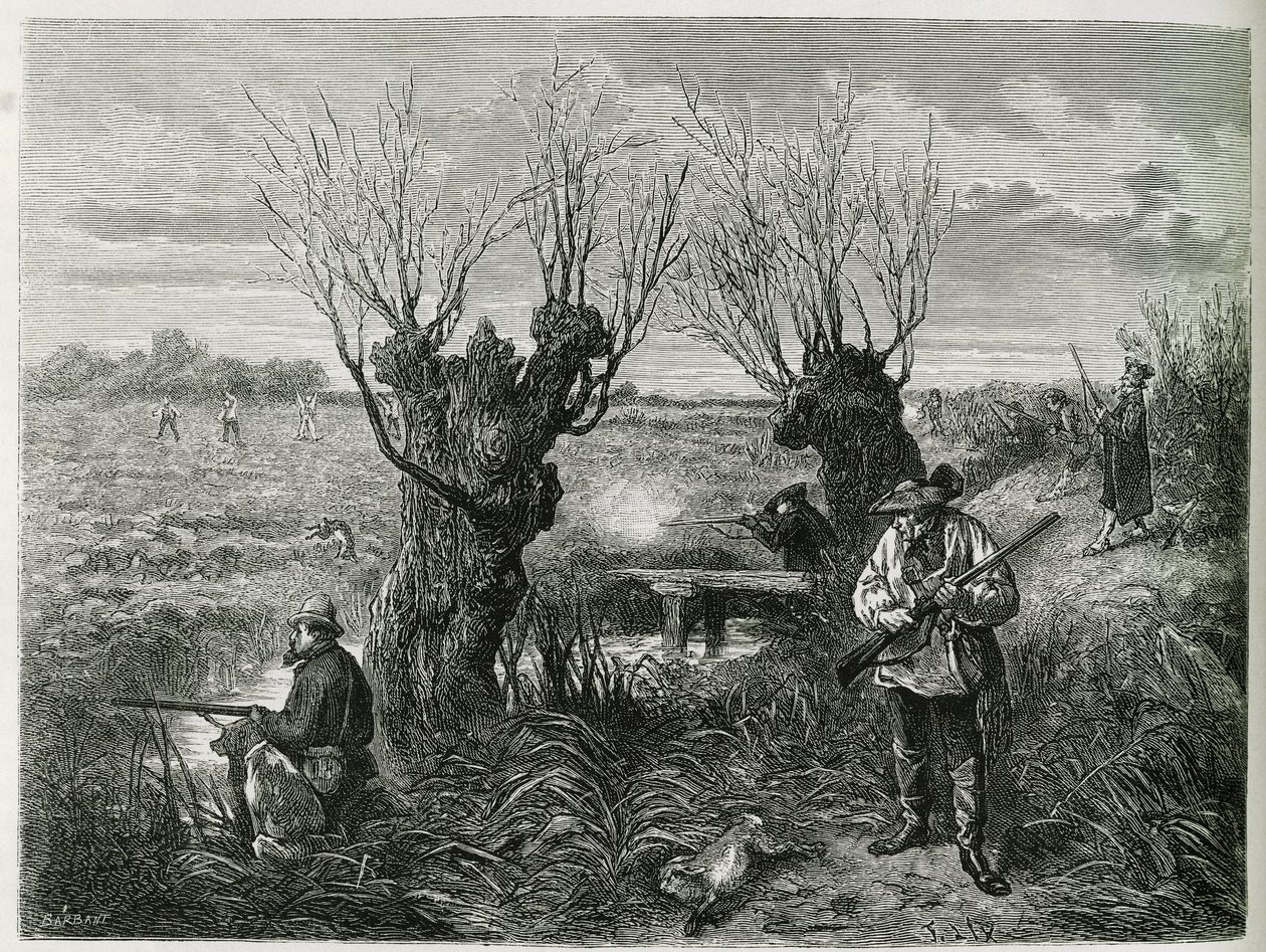 Lov zajíce. Rytina od F. Lixe, k ilustraci příběhu „Through Alsace and Lorraine“, v roce 1884, Charles Grad od Frederic Theodore Lix