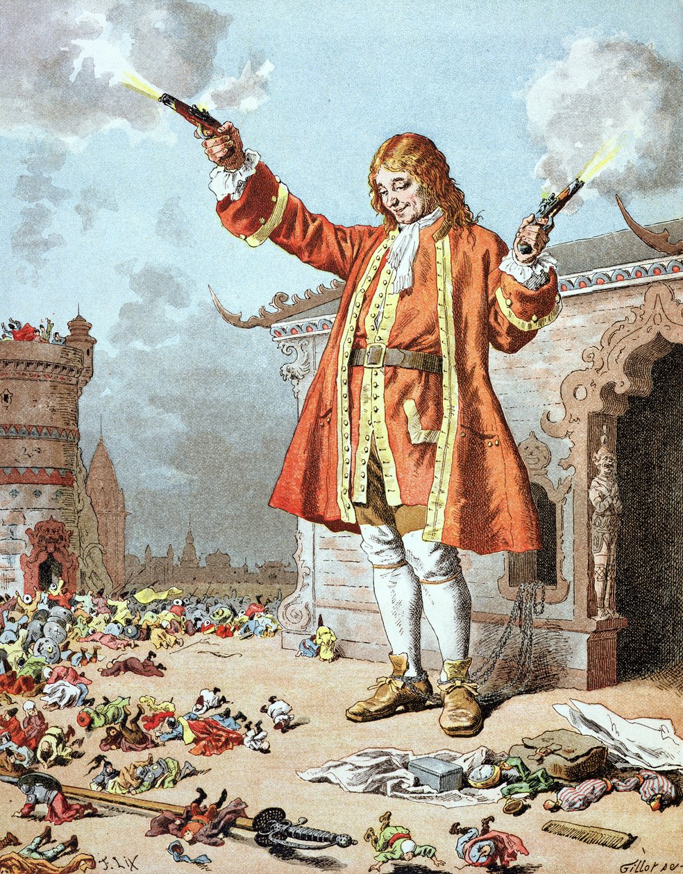 „Všichni spadli dozadu, jako by je udeřil hrom“, ilustrace z „Gulliver