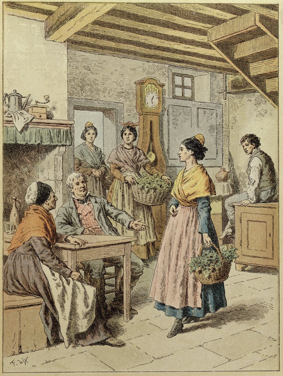 Interiér statku v Provence, 1901 (barevná rytina) od Frederic Theodore Lix